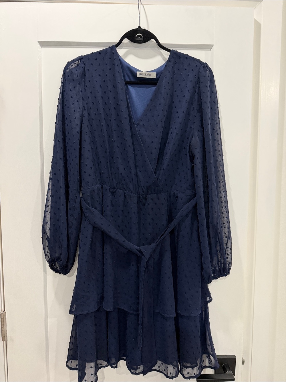 Grace Karin Navy Swiss Dot Layered Wrap Dress